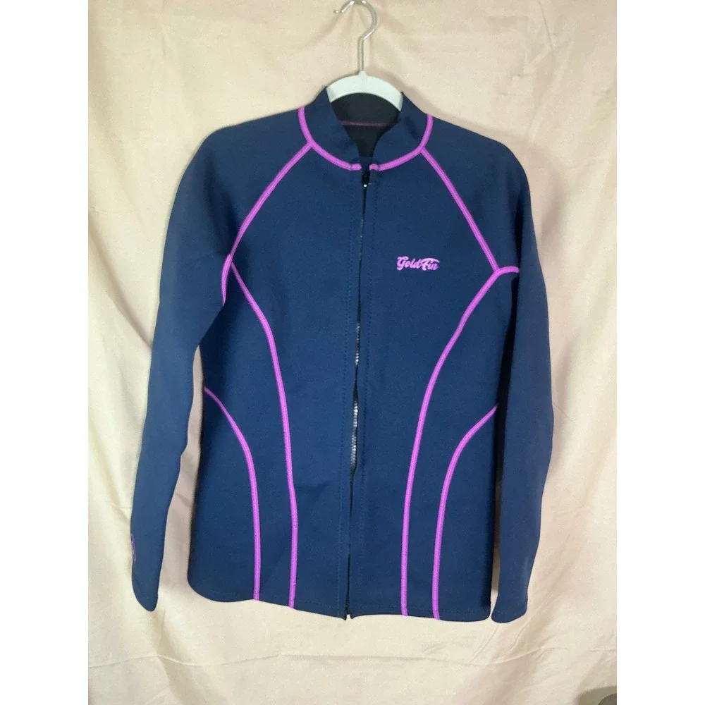 GoldFin Wetsuit Top Womens 2mm Navy Pink Excellent Zip Front Long Sleeve Jacket
